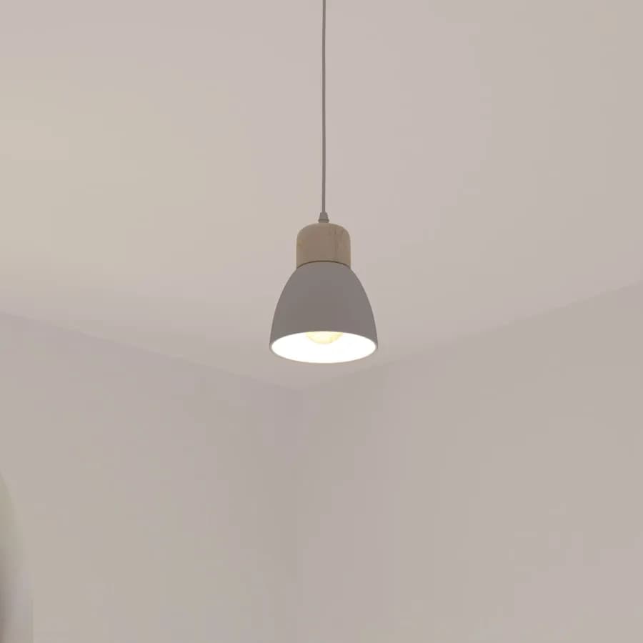 Lampada sospesa rotonda 15 cm in metallo bianco e legno
