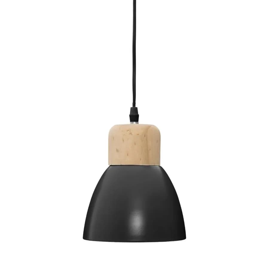 Lampada sospesa rotonda 15 cm in metallo nero e legno