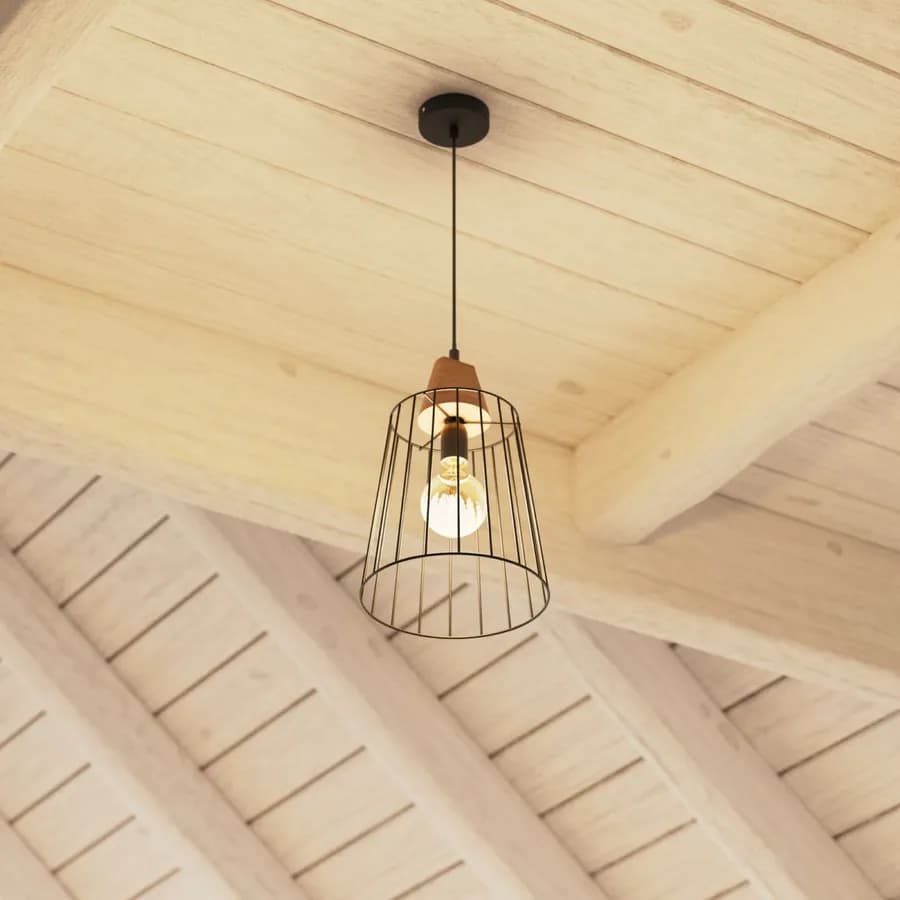 Lampada sospesa rotonda 23 cm in metallo nero e legno