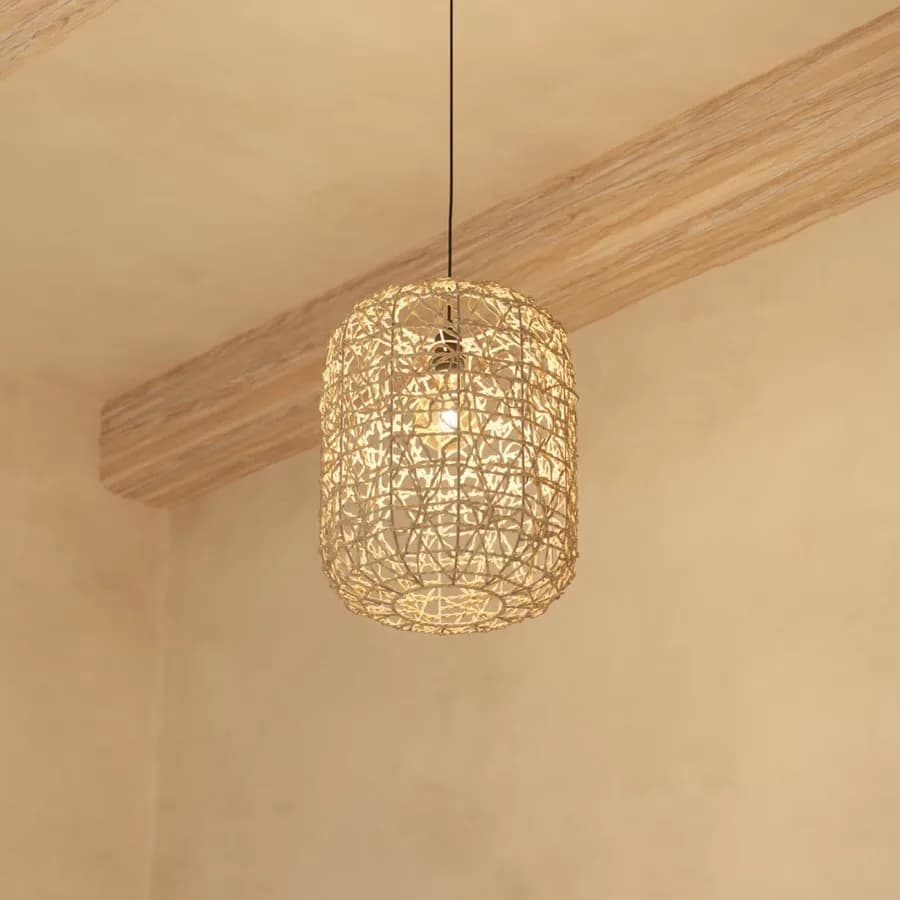 Lampada sospesa rotonda 28 cm intrecciata in corda beige