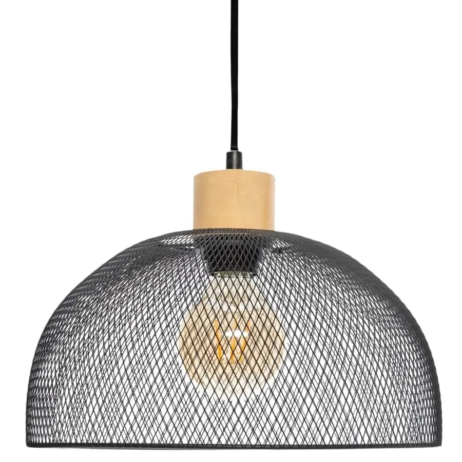 Lampada sospesa rotonda 30 cm in metallo nero e legno di pino