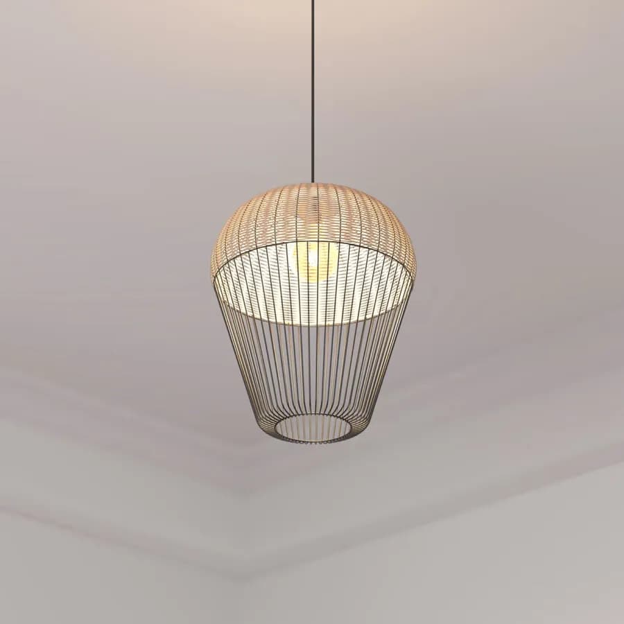 Lampada sospesa rotonda 31 cm in rattan naturale e metallo nero