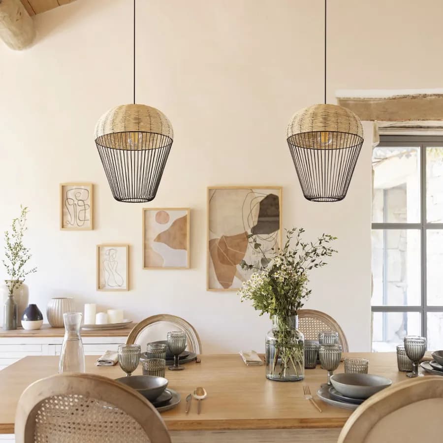 Lampada sospesa rotonda 31 cm in rattan naturale e metallo nero