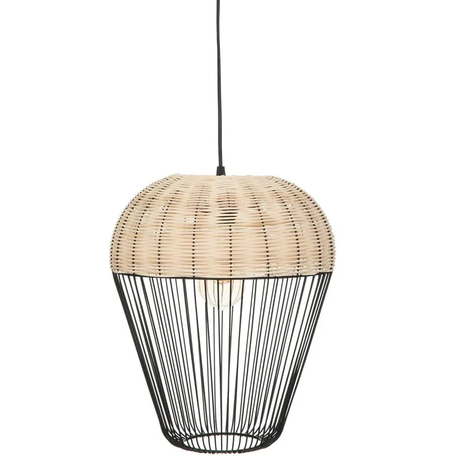 Lampada sospesa rotonda 31 cm in rattan naturale e metallo nero
