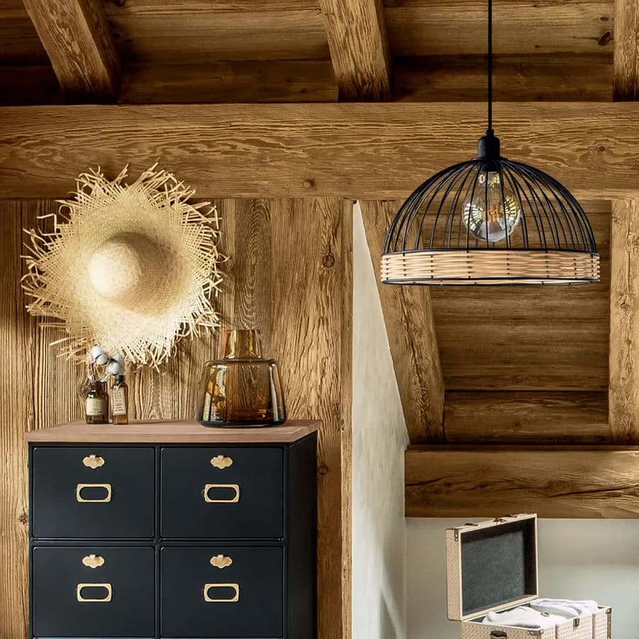 Lampada sospesa rotonda 35 cm in metallo nero e rattan