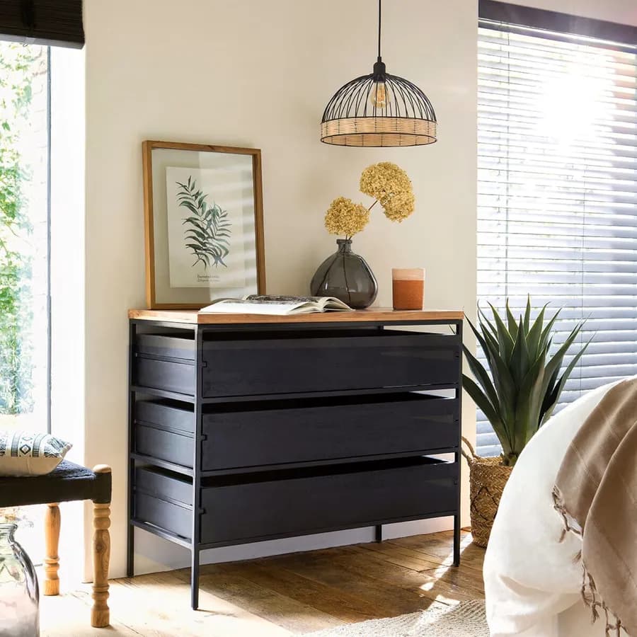 Lampada sospesa rotonda 35 cm in metallo nero e rattan