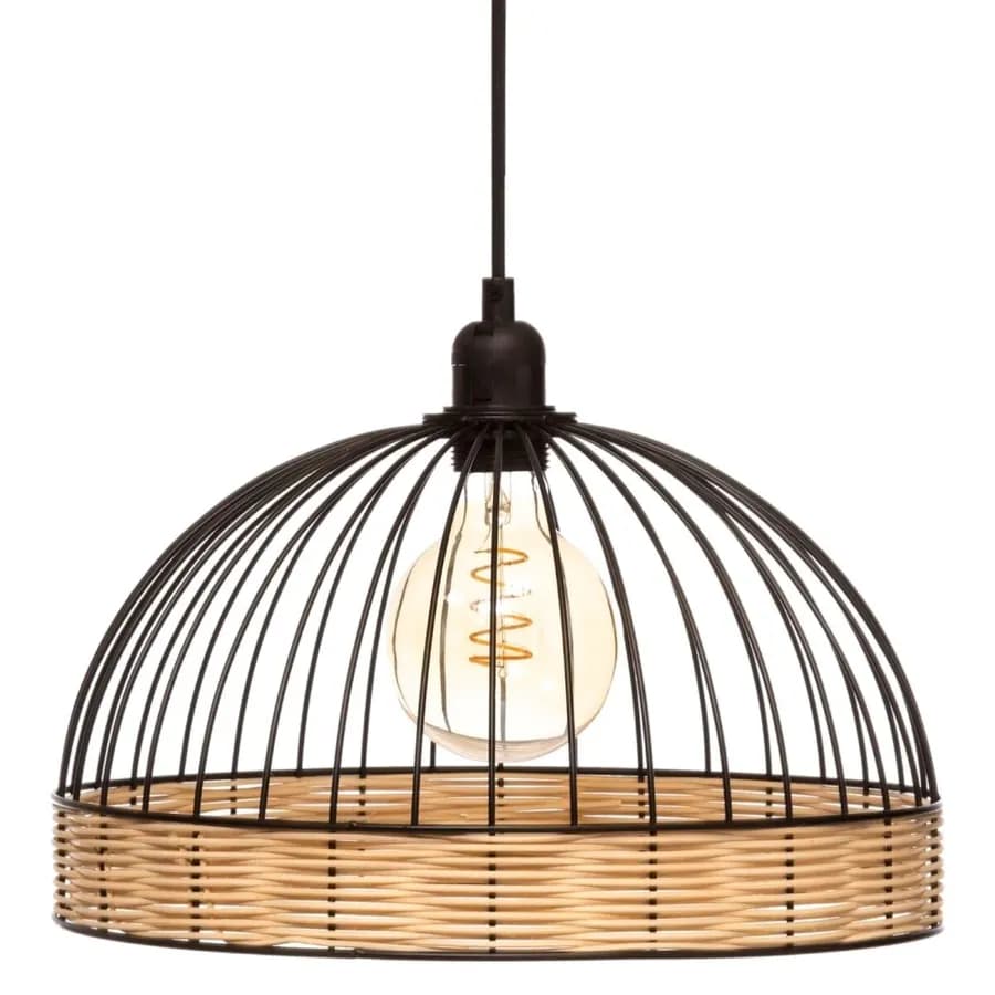 Lampada sospesa rotonda 35 cm in metallo nero e rattan