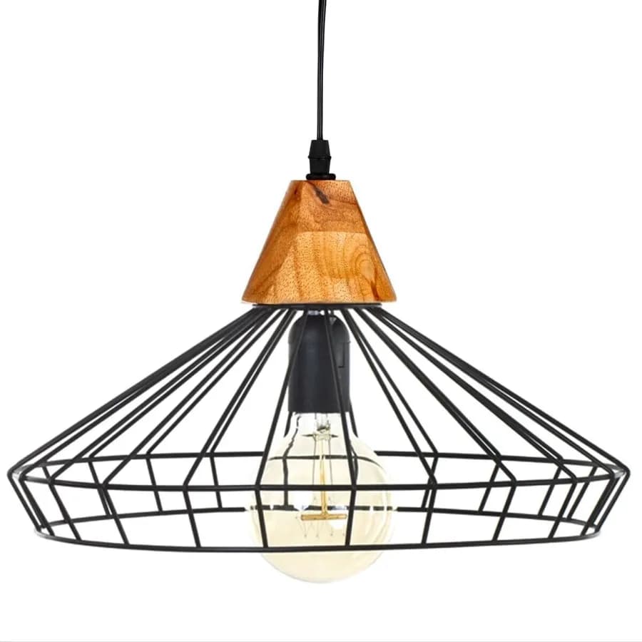 Lampada sospesa rotonda 38 cm in metallo nero e legno