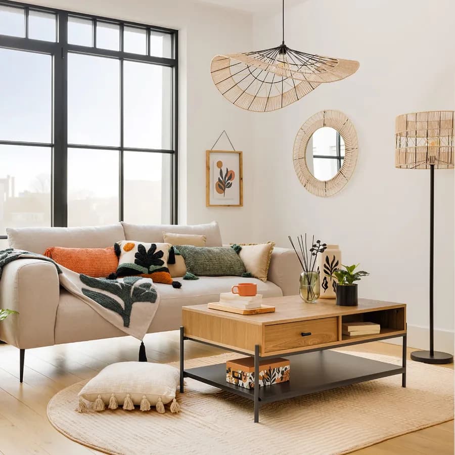 Lampada sospesa rotonda 75 cm in corda naturale e metallo nero