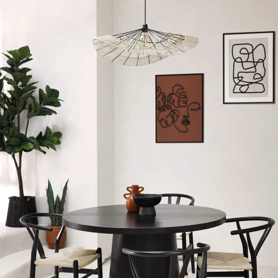 Lampada sospesa rotonda 75 cm in corda naturale e metallo nero
