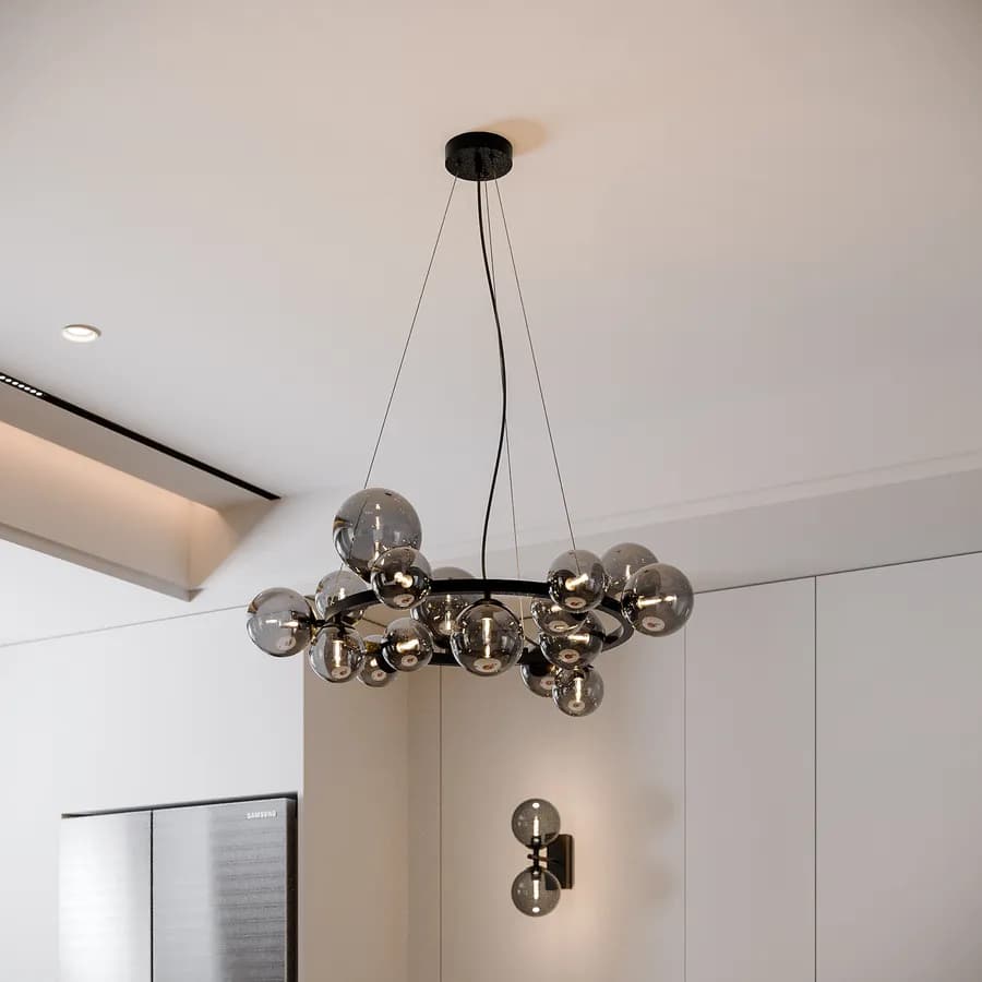 Lampada sospesa rotonda 82 cm in metallo nero con diffusori in vetro fumè
