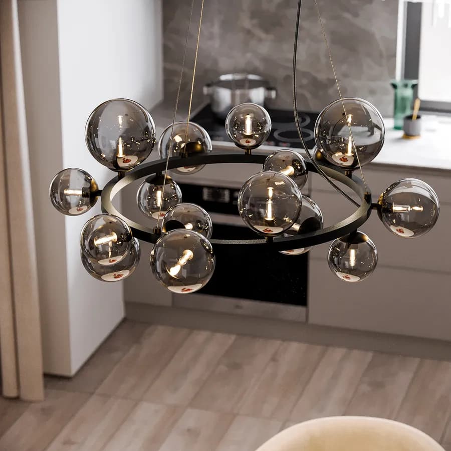 Lampada sospesa rotonda 82 cm in metallo nero con diffusori in vetro fumè