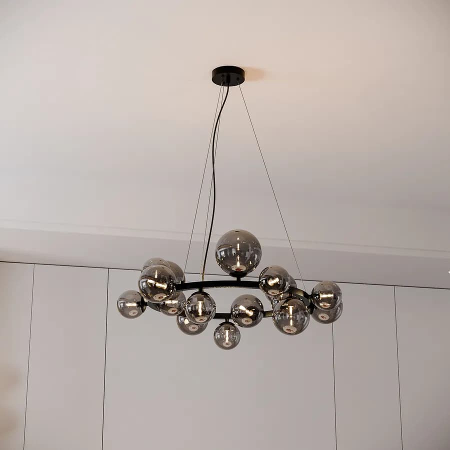 Lampada sospesa rotonda 82 cm in metallo nero con diffusori in vetro fumè