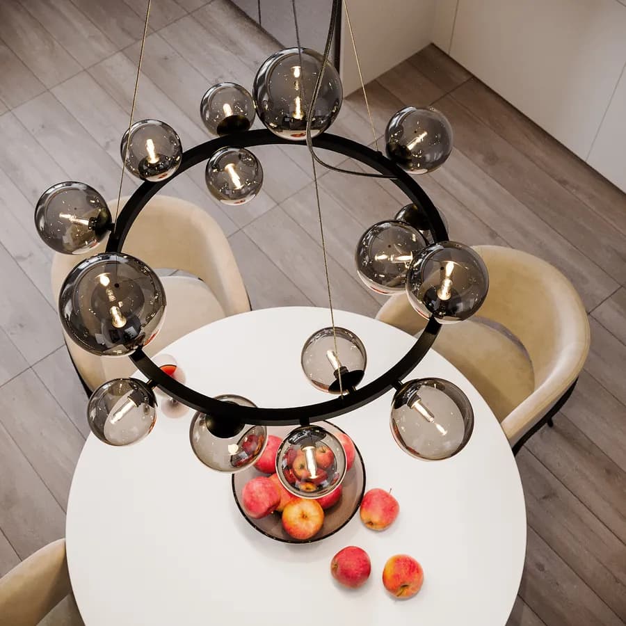 Lampada sospesa rotonda 82 cm in metallo nero con diffusori in vetro fumè