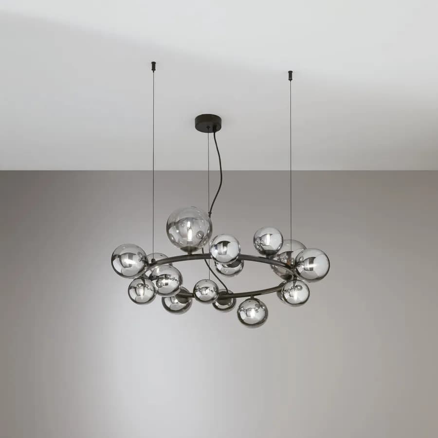 Lampada sospesa rotonda 82 cm in metallo nero con diffusori in vetro fumè