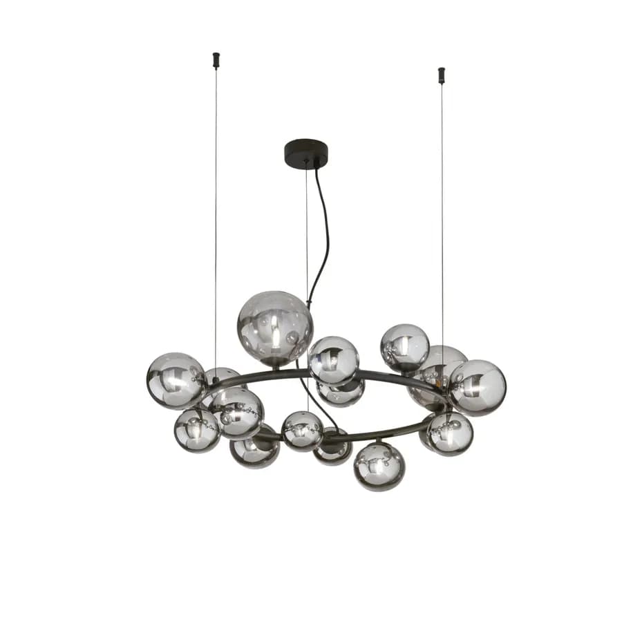 Lampada sospesa rotonda 82 cm in metallo nero con diffusori in vetro fumè