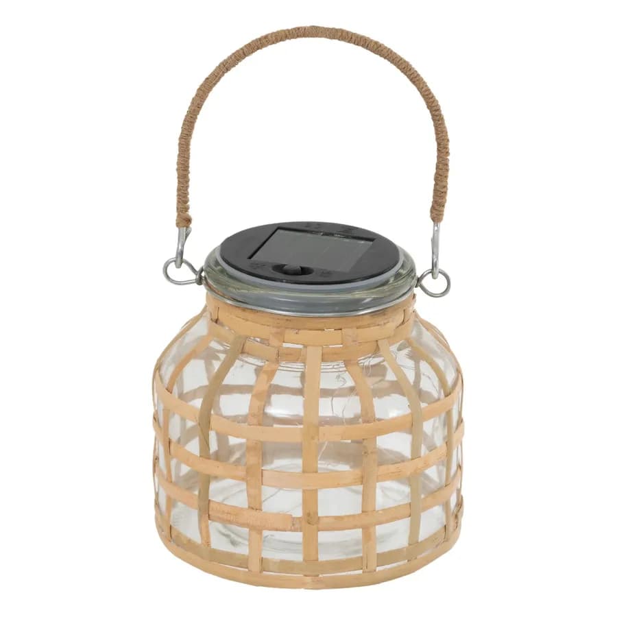 Lanterna solare rotonda 13 cm in vetro e rattan naturale con manico