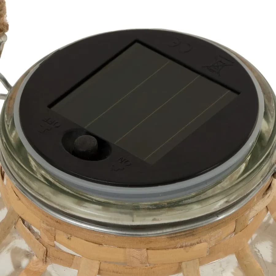 Lanterna solare rotonda 13 cm in vetro e rattan naturale con manico