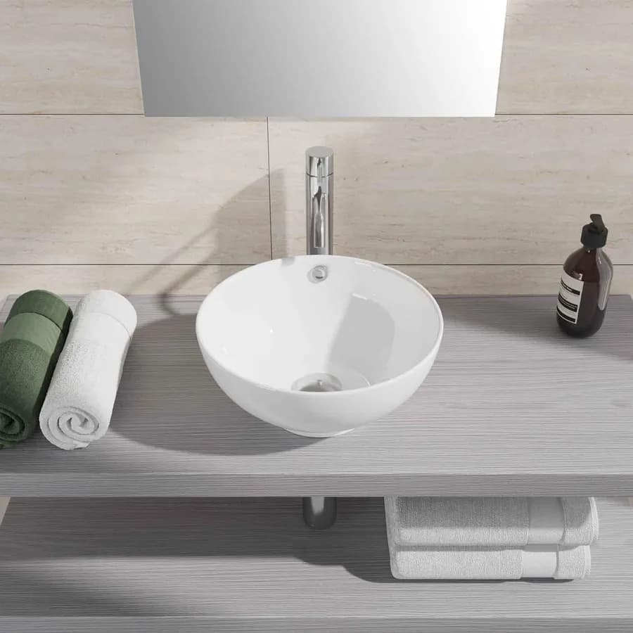 Lavabo a bacinella da appoggio rotondo 40 cm in ceramica bianco lucido