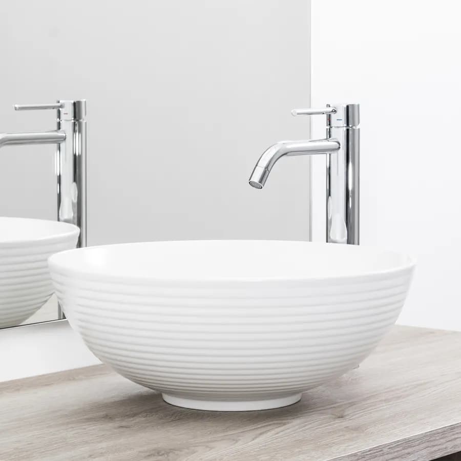 Lavabo appoggio con scanalature 38cm ceramica ultraslim bianco opaco
