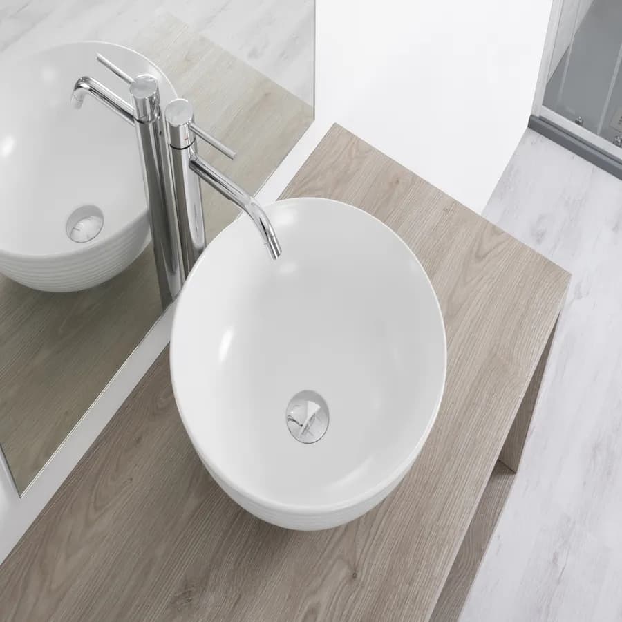 Lavabo appoggio con scanalature 38cm ceramica ultraslim bianco opaco