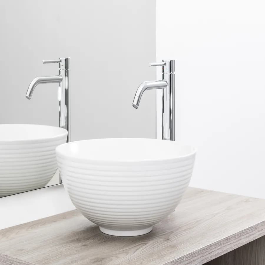 Lavabo appoggio con scanalature 38cm ceramica ultraslim bianco opaco