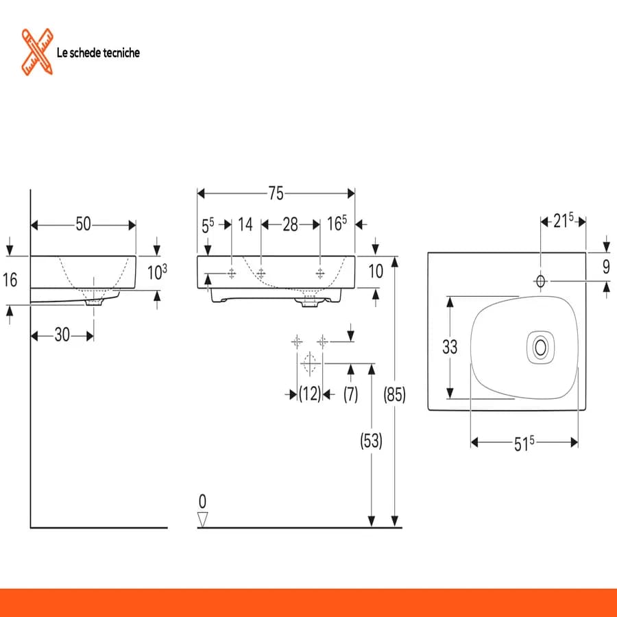 Lavabo asimmetrico sospeso o da appoggio 75 cm vasca dx Serie Citterio - Geberit