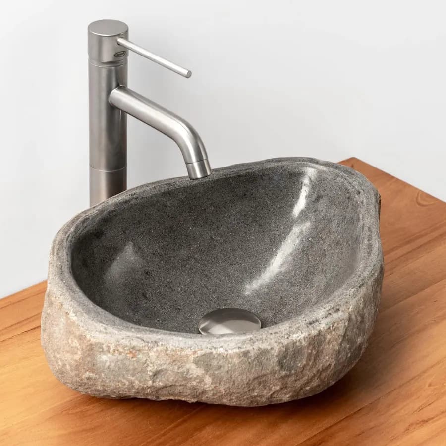 Lavabo da appoggio 53x48 cm lavorazione artigianale in pietra naturale di fiume antracite - Artizan