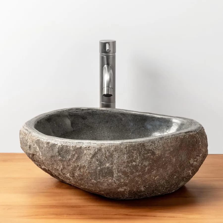 Lavabo da appoggio 53x48 cm lavorazione artigianale in pietra naturale di fiume antracite - Artizan