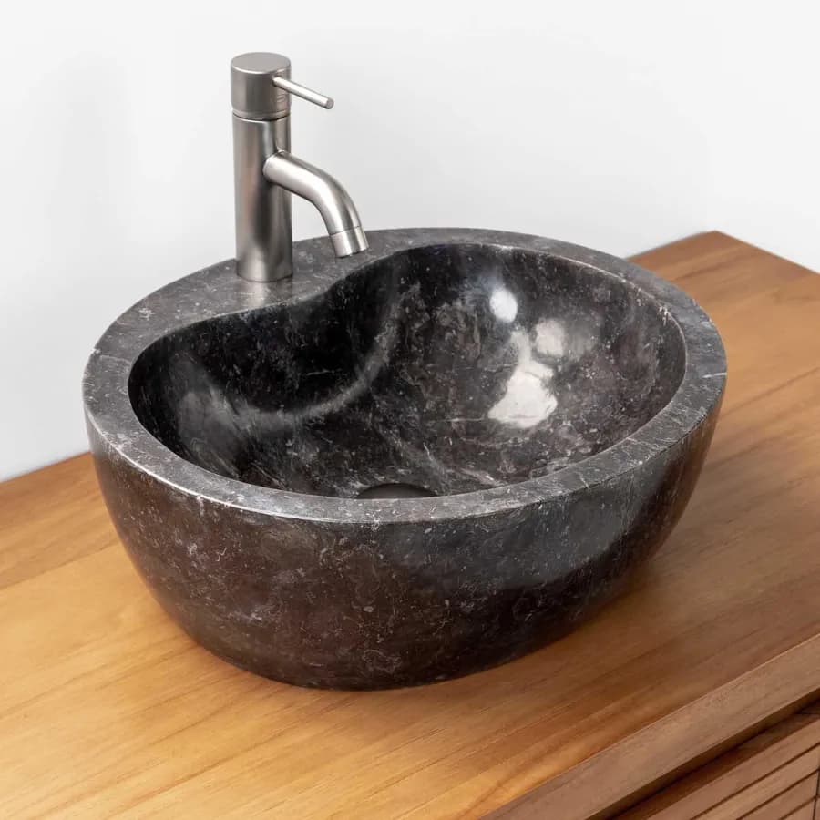 Lavabo da appoggio monoforo 40x40 cm in marmo lucido nero - Artizan