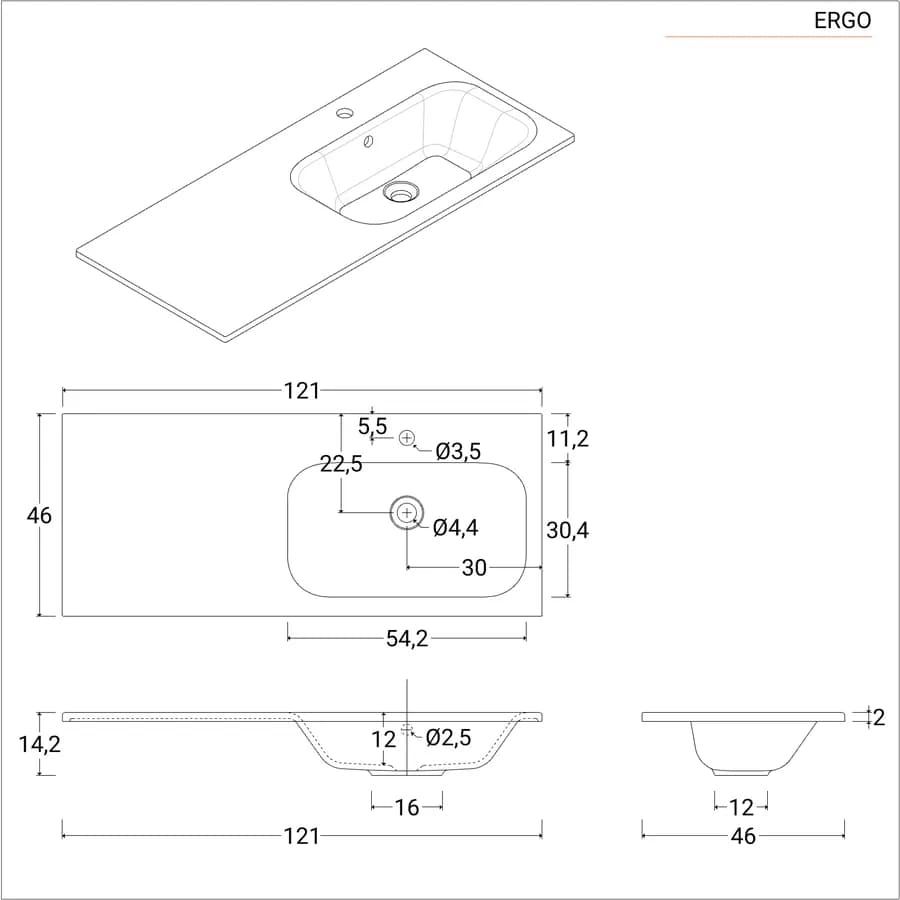 Lavabo da incasso 120x46 cm in mineral composite bianco opaco con vasca a destra - Ergo