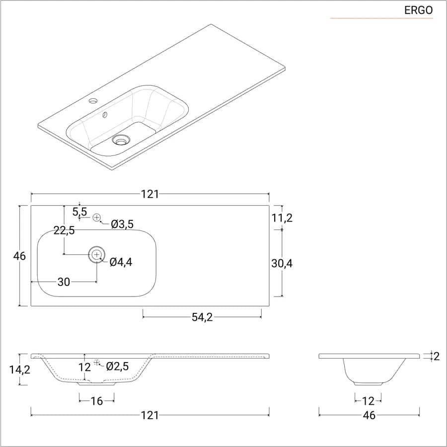 Lavabo da incasso 120x46 cm in mineral composite bianco opaco vasca a sinistra - Ergo