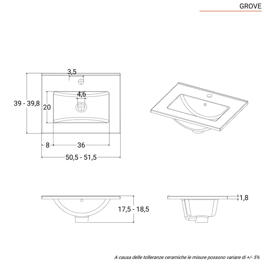 Lavabo salvaspazio ad incasso con profondità ridotta 50x39 cm in ceramica bianco lucido - Grove
