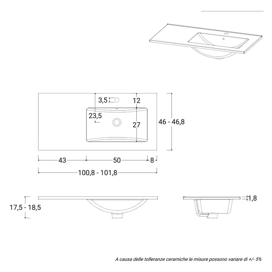 Lavabo da incasso monoforo 100x46 cm con vasca dx in ceramica bianco - Oreo