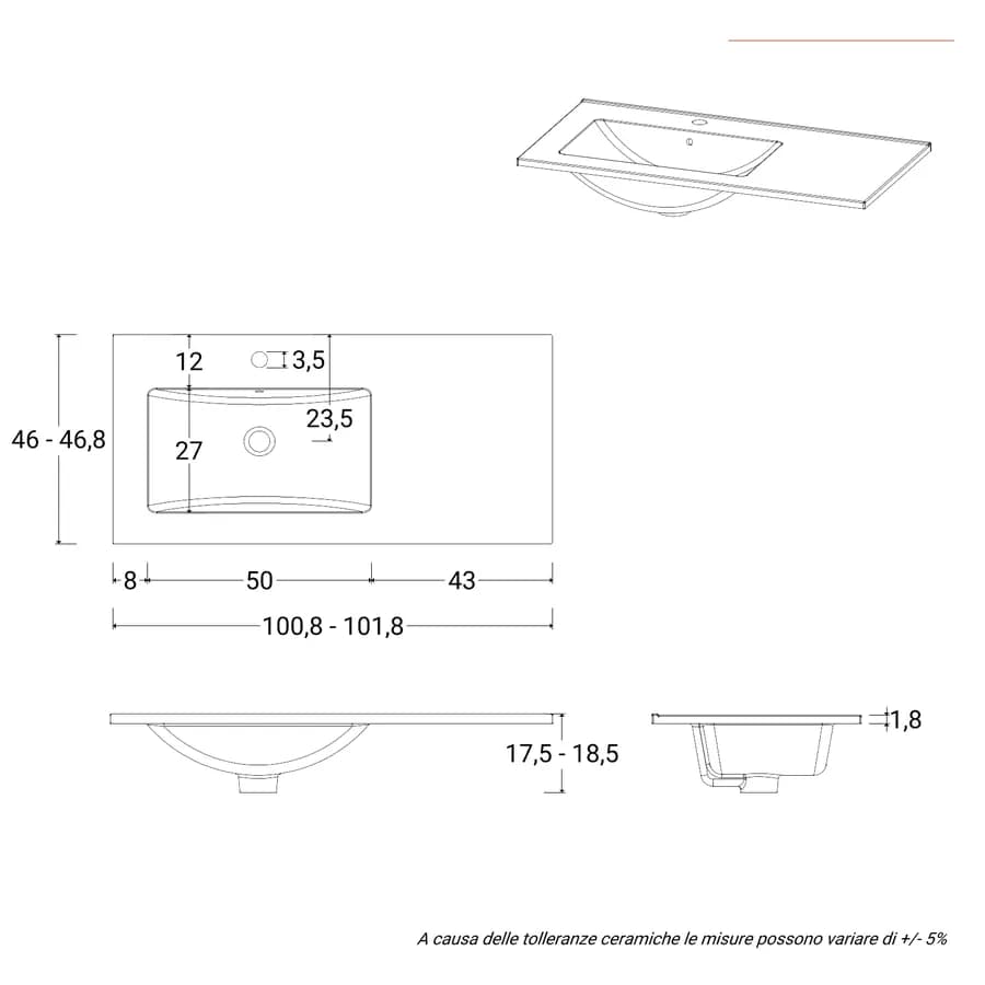 Lavabo da incasso monoforo 100x46 cm con vasca sx in ceramica bianco - Oreo