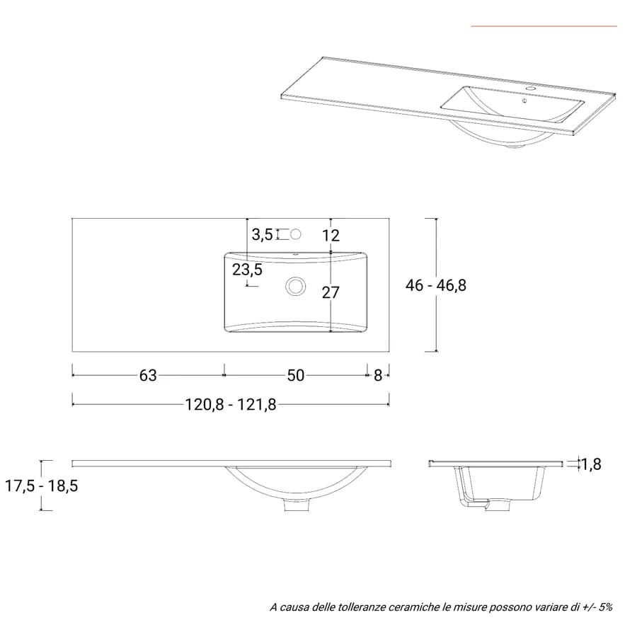 Lavabo da incasso monoforo 120x46 cm con vasca dx in ceramica bianco - Oreo