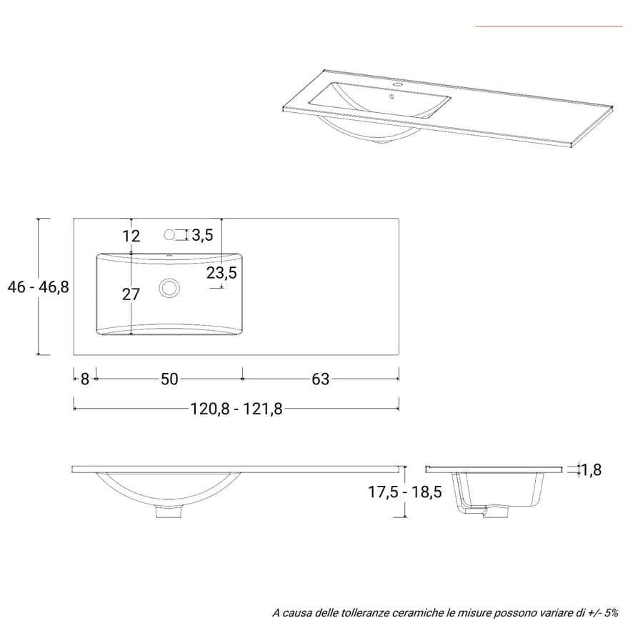 Lavabo da incasso monoforo 120x46 cm con vasca sx in ceramica bianco - Oreo