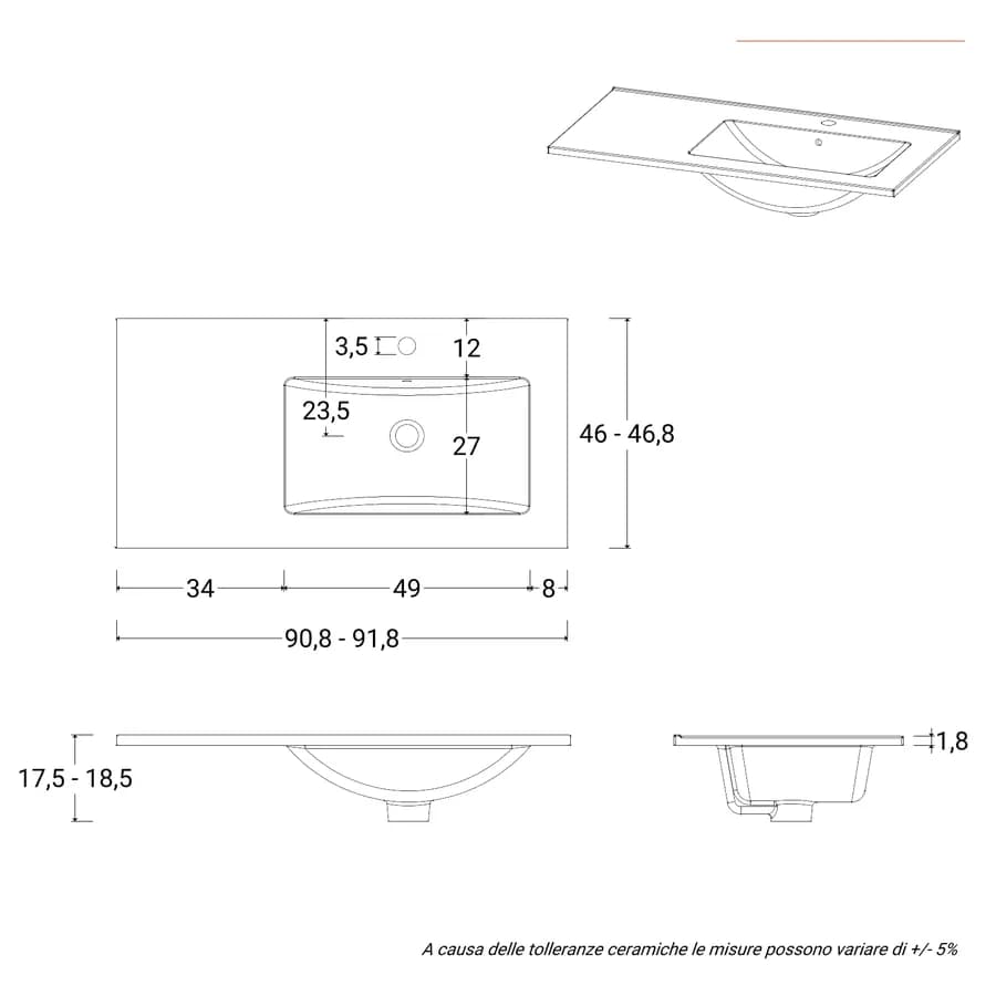Lavabo da incasso monoforo 90x46 cm con vasca dx in ceramica bianco - Oreo