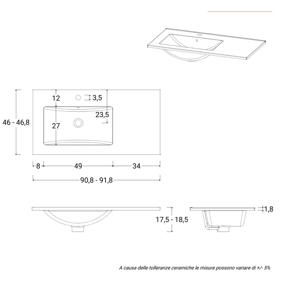 Lavabo da incasso monoforo 90x46 cm con vasca sx in ceramica bianco - Oreo