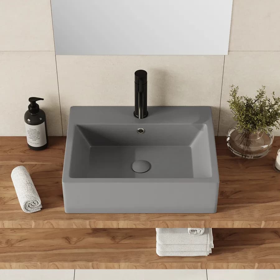 Lavabo d'appoggio 53x41 cm in ceramica grigio opaco con troppopieno - Cloe