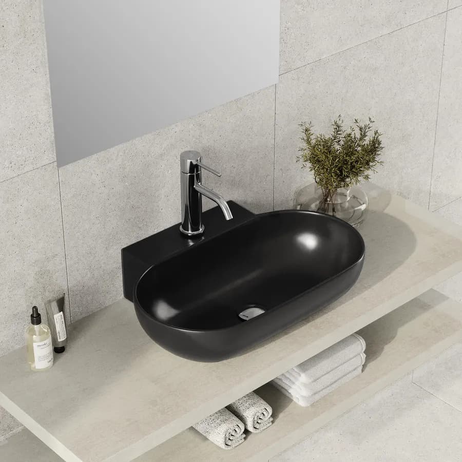 Lavabo d'appoggio 56x40 cm in ceramica nero opaco monoforo - Cloe