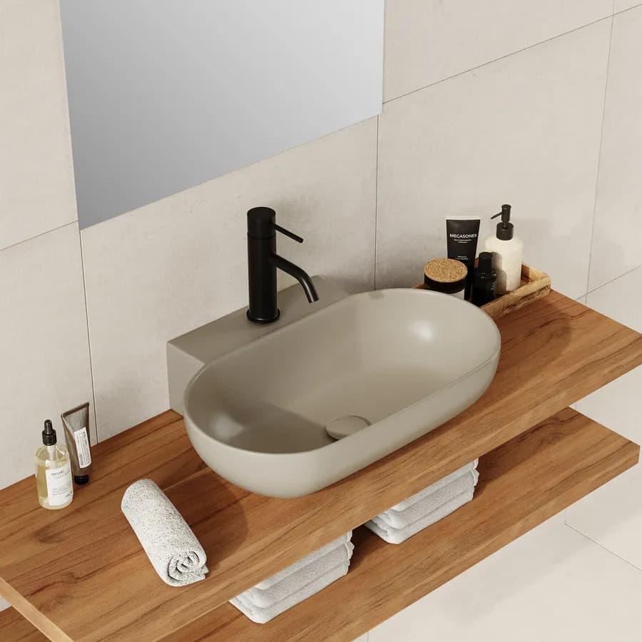 Lavabo d'appoggio 56x40 cm in ceramica tortora opaco monoforo - Cloe