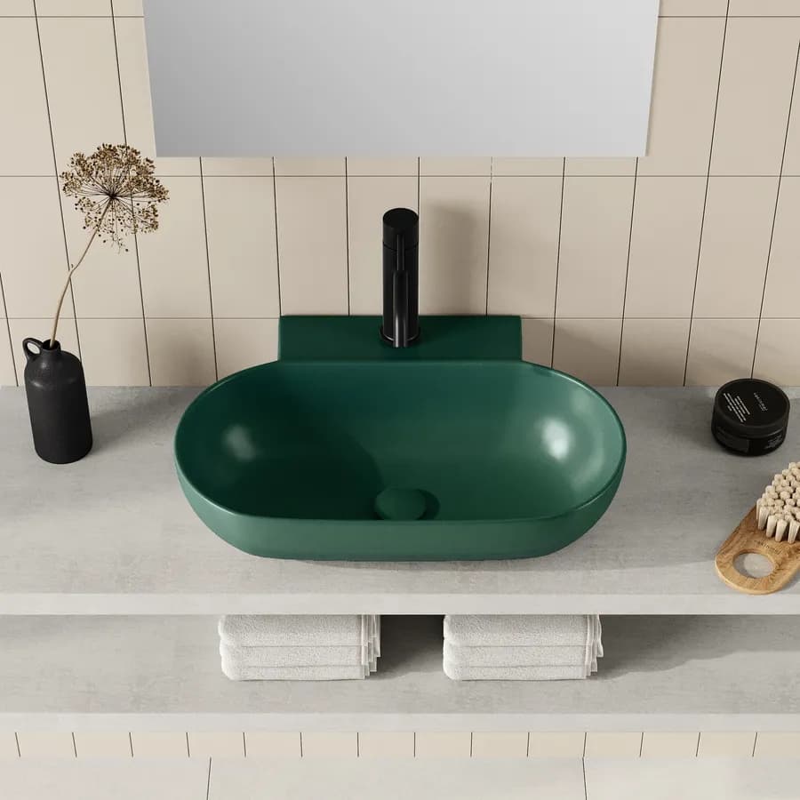 Lavabo d'appoggio 56x40 cm in ceramica verde opaco monoforo - Cloe