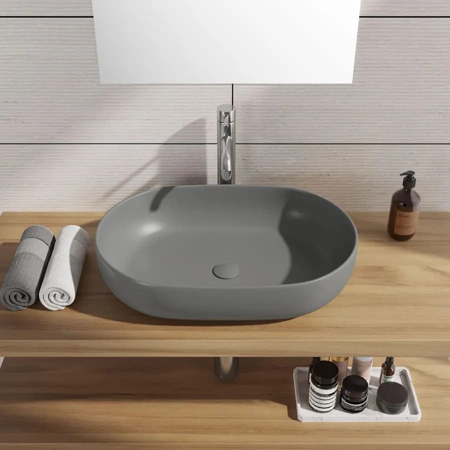 Lavabo d'appoggio ovale in ceramica 60x40 cm grigio opaco - Cloe