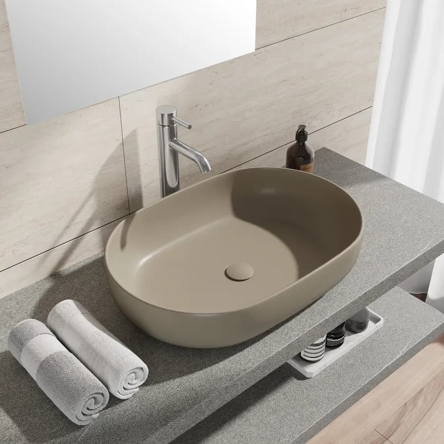 Lavabo d'appoggio ovale in ceramica 60x40 cm tortora opaco - Cloe