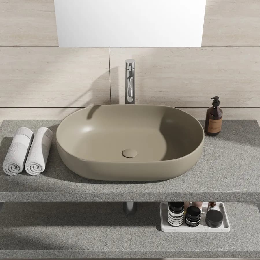 Lavabo d'appoggio ovale in ceramica 60x40 cm tortora opaco - Cloe