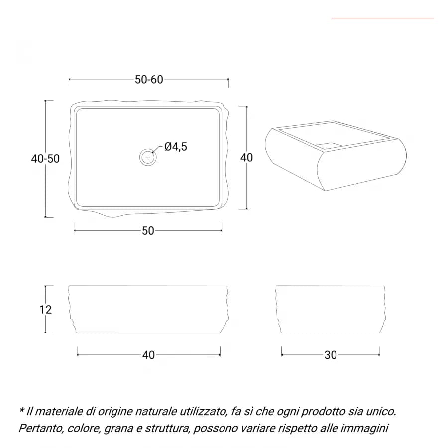 Lavabo da appoggio 50x40 cm in marmo bocciardato grigio chiaro - Artizan