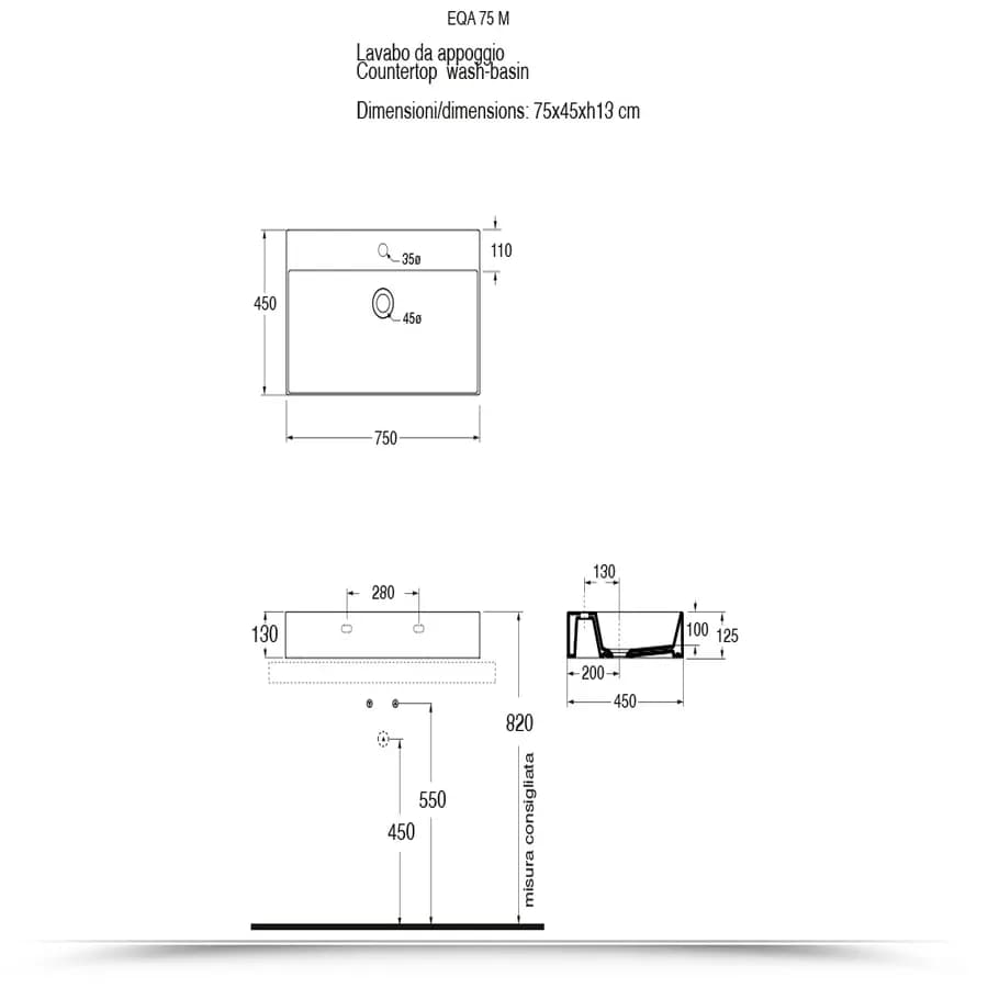 Lavabo in ceramica monoforo Elegance Squared 75 cm installazione da appoggio o sospesa