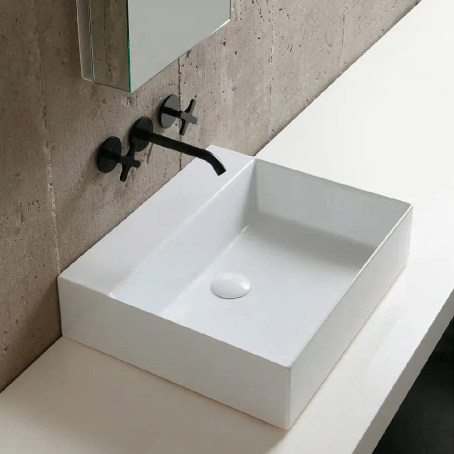 Lavabo in ceramica senza foro Elegance Squared 50 cm installazione da appoggio o sospesa