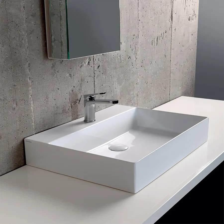 Lavabo in ceramica senza foro Elegance Squared 60 cm installazione da appoggio o sospesa